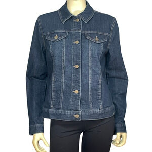 Charter Club Women's Sz S Denim Jean Jacket Trucker Style Lace-Up Cuffs Dk Blue